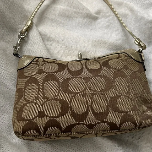 Coach jacquard Tan and Gold Signature wristlet mini bag purse - Picture 2 of 8